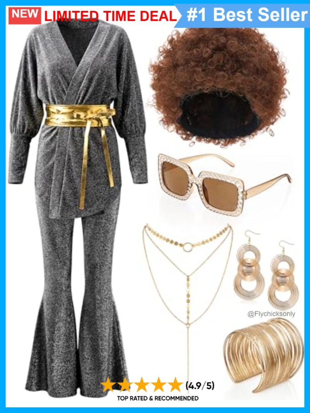 70s Disco Costume Set Glitter Wrap Top Flare Pants Afro Wig Sunglasses